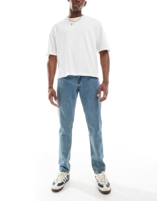 DTT Tall rigid cropped tapered fit jeans in mid blue