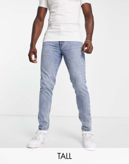 DTT Tall straight leg jeans with raw hem and knee rips in light blue, ASOS