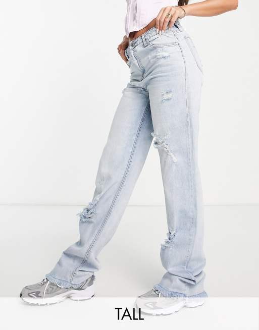 DTT Tall straight leg jeans with raw hem and knee rips in light blue, ASOS