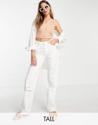 DTT Tall straight leg jeans with raw hem and knee rips in white  - ASOS Price Checker