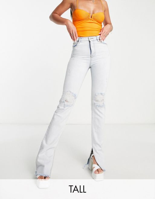 DTT Tall straight leg jeans with raw hem and knee rips in light blue, ASOS