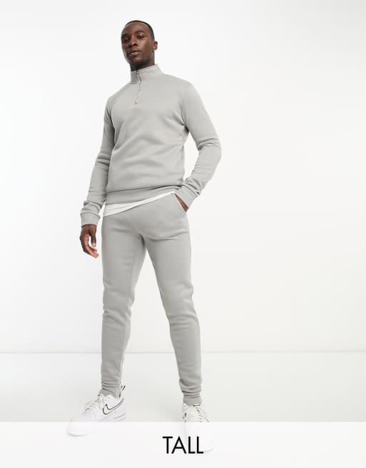 DTT Tall - Trainingspak van sweatshirt met halve rits en joggingbroek in lichtgrijs