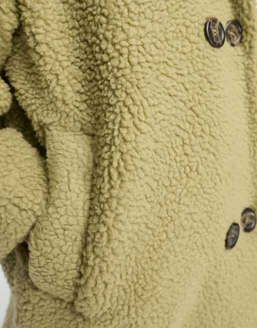 DTT Teddy longline double breasted borg jacket in sage green, 4 of 4