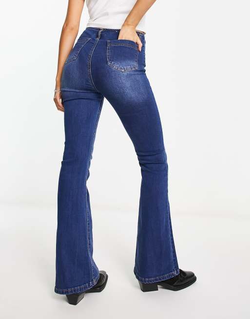 Indigo Vintage Wash Belted Seam Front Flare Jeans