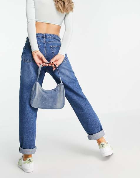 DTT Phoebe belted low rise wide leg jeans in light wash blue, ASOS