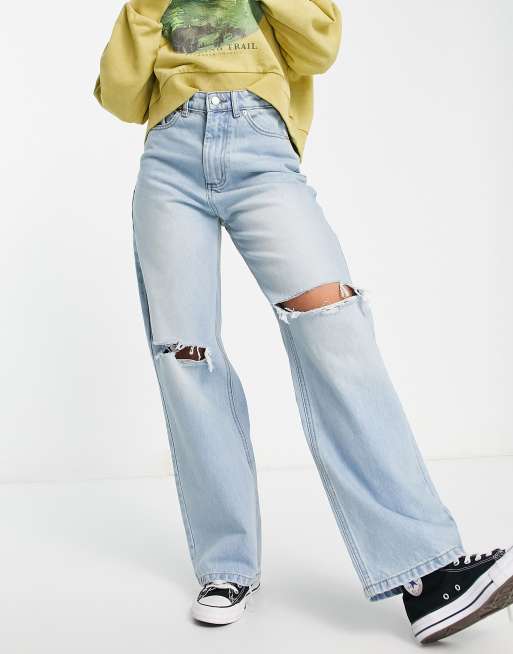 DTT wide leg dad jeans with knee rips in light wash blue | ASOS