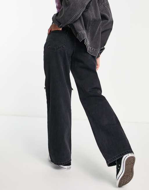 DTT wide leg dad jeans with knee rips in washed black | ASOS
