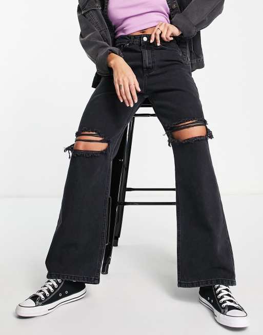 DTT wide leg dad jeans with knee rips in washed black | ASOS