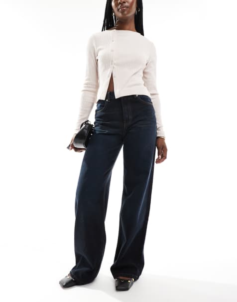 DTT - Winnie - Jeans met wijde pijpen en halfhoge taille in donkerblauw met getinte wassing - view 1