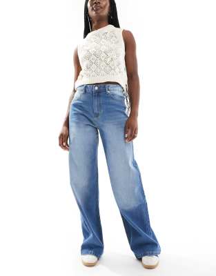 DTT Winnie mid rise wide leg jeans in mid blue