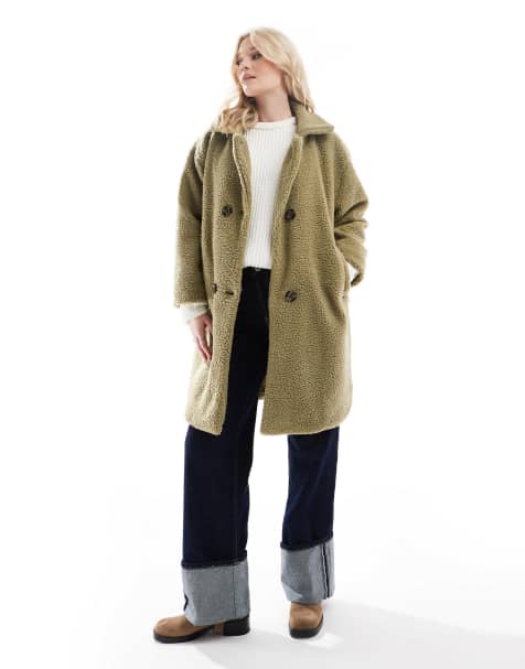 DTT – Zweireihige Jacke aus Teddyfell in Khaki - view 1