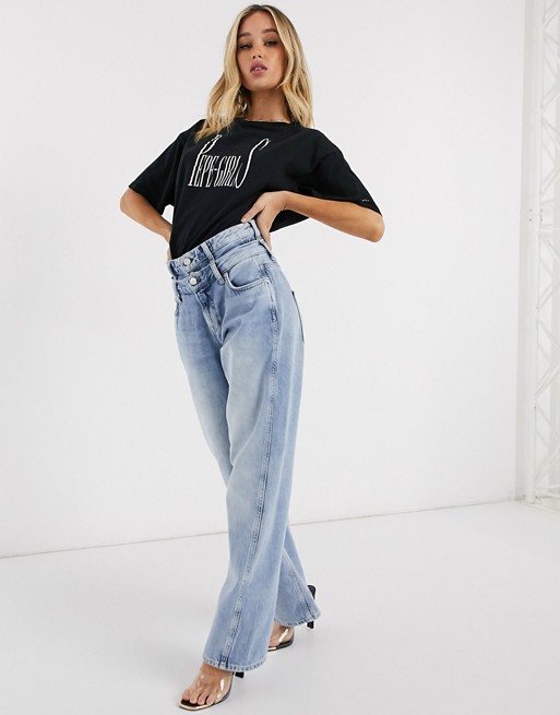 Dua Lipa x Pepe Jeans high rise straight leg jean with double waistband detail in light wash