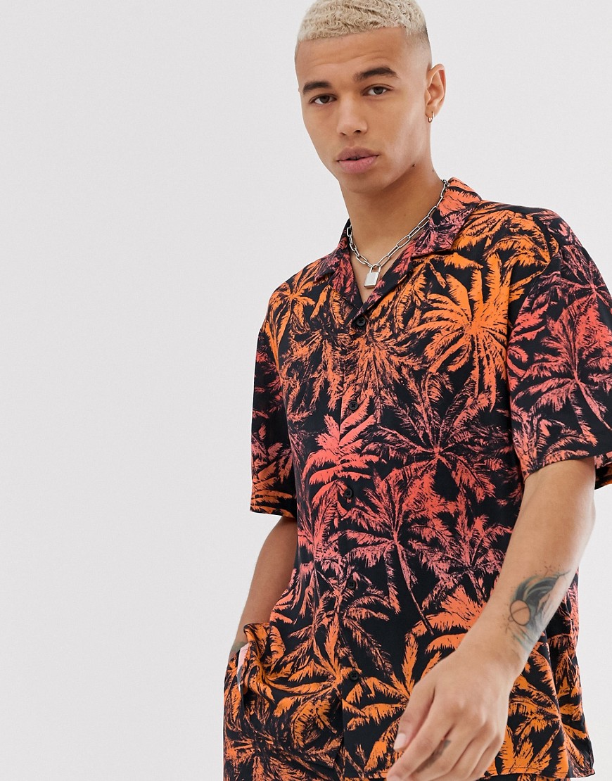 Due Diligence - Camicia con rever e stampa di palme in coordinato-Multicolore