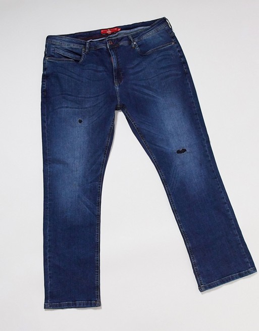 Duke 1959 fit stretch jeans with abrasions and rips in blue