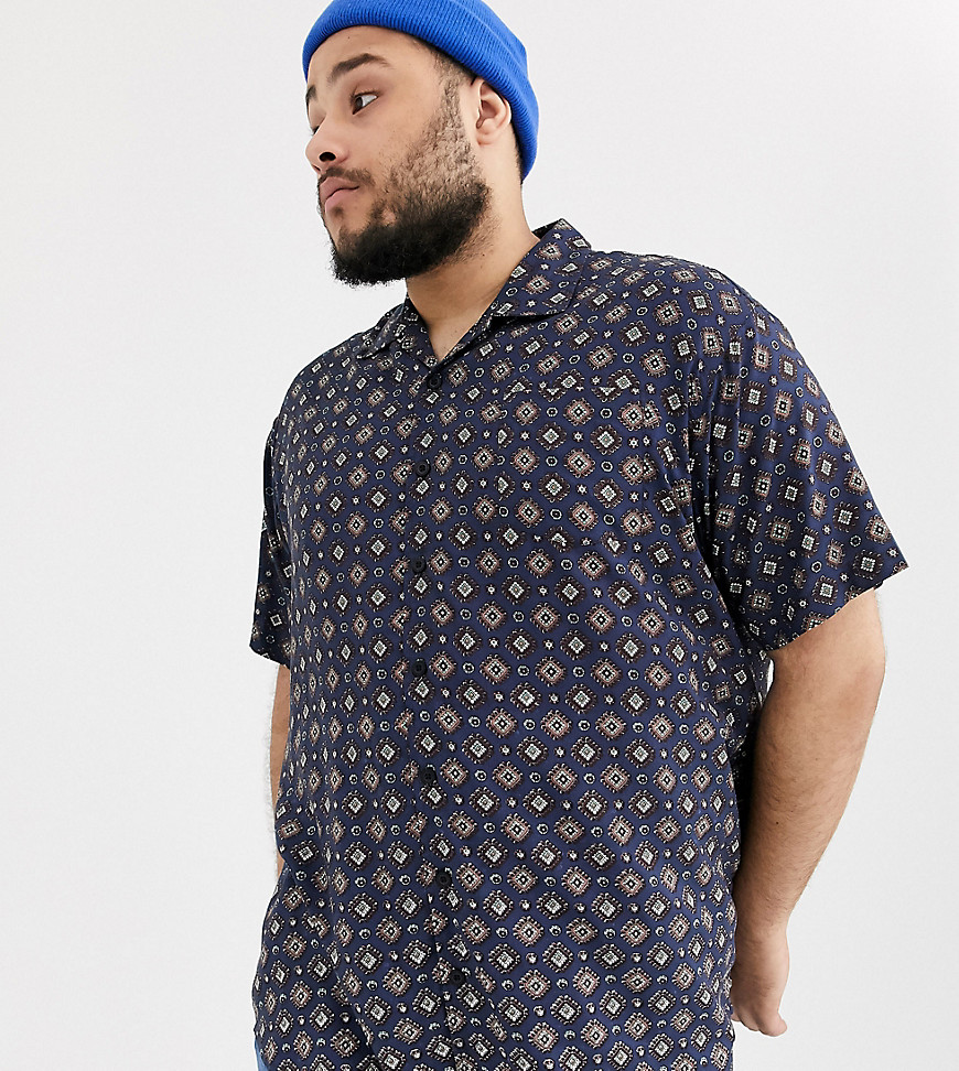 Duke - King size - Overhemd met korte mouwen, reverskraag en tegelprint in marineblauw