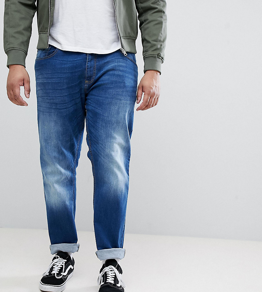 King Size Tapered Fit Jeans In Dark Blue Stonewash With Stretch