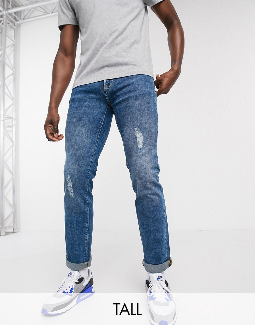 Duke – Tall – Blå stentvättade jeans med revor