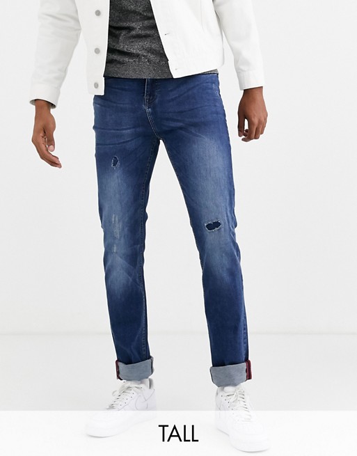 Duke tall jeans with rip and repair detail in blue stone wash