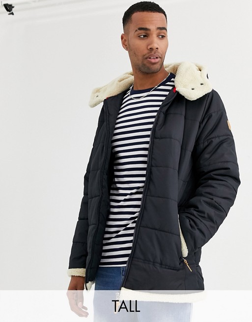 Duke tall puffer jacket with borg lined hood in navy