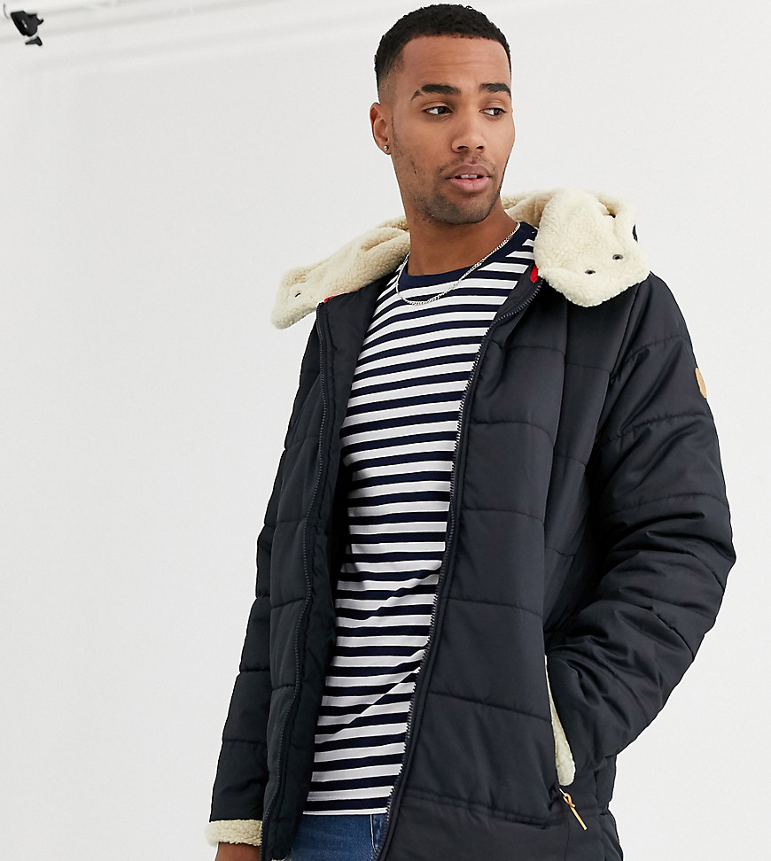 Duke tall puffer jacket with borg lined hood in navy