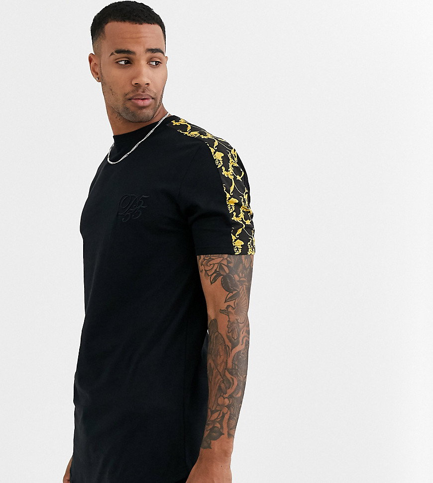 Duke - Tall - T-shirt met baroque inzetstuk op de schouder en ronde zoom in zwart