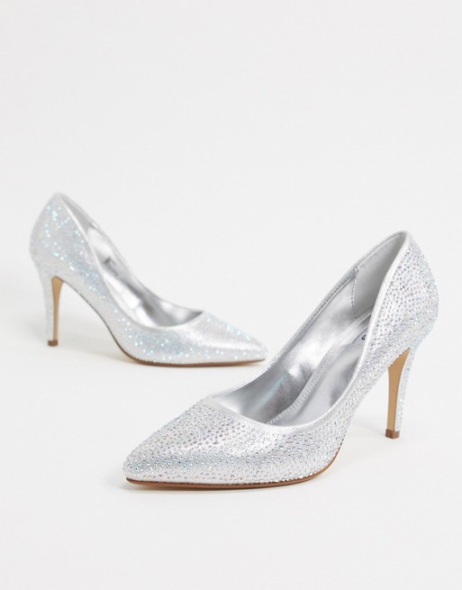 Dune believe wedding pointed high heels in silver glitter