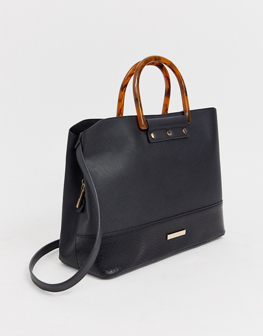 Dune black snake tote bag with structured handle detail