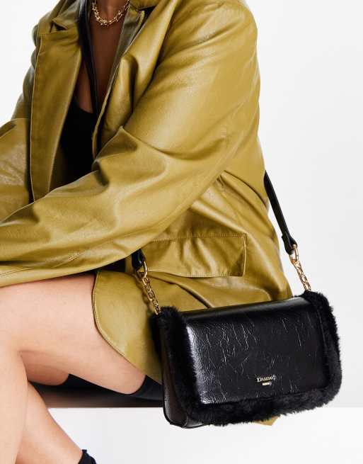 Dune - Borsa a tracolla con finiture in pelliccia sintetica, colore nero