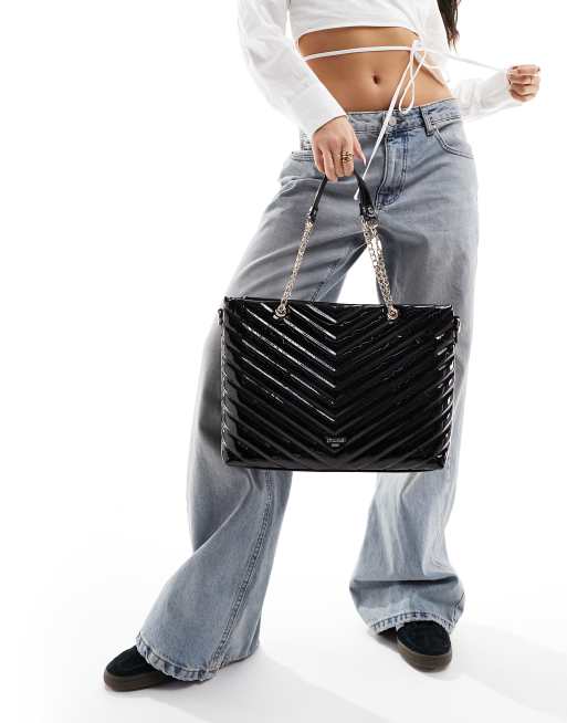 Dune - Borsa shopping nera verniciata con motivo a spina di pesce