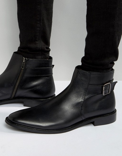 Dune Chelsea Buckle Boots In Black Leather | ASOS