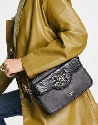 Dune - Crossbody tas met vlinder en voorvakje in zwart