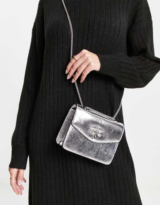 Dune - Crossbody-taske i metalfarvet reptilmønster og insekter i sølvfarvet metal
