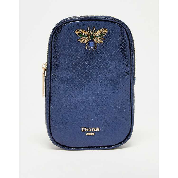 Dune embellished mini cross body phone holder in blue metallic