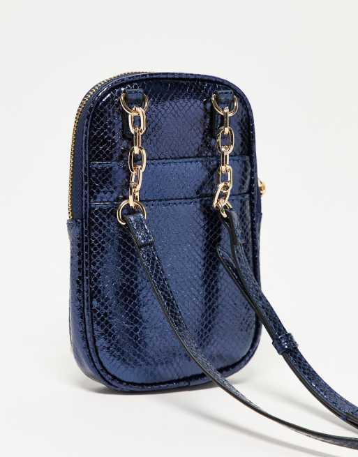 Dune embellished mini cross body phone holder in blue metallic
