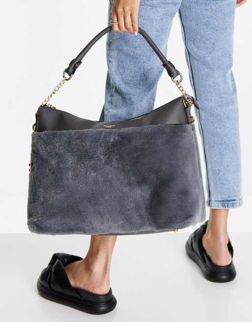 Dune faux fur tote bag in grey