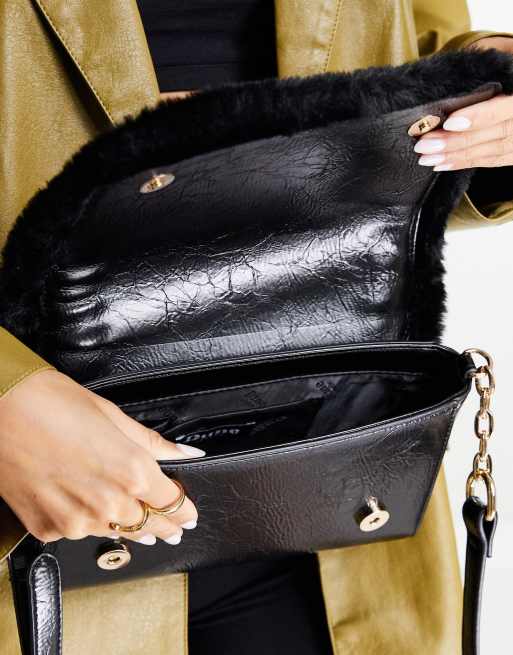 Black faux fur store crossbody bag