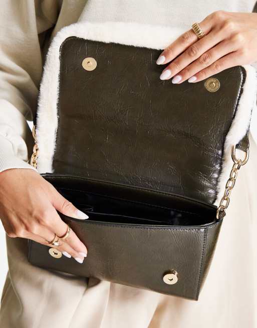 Dune faux fur trim crossbody bag in khaki ASOS