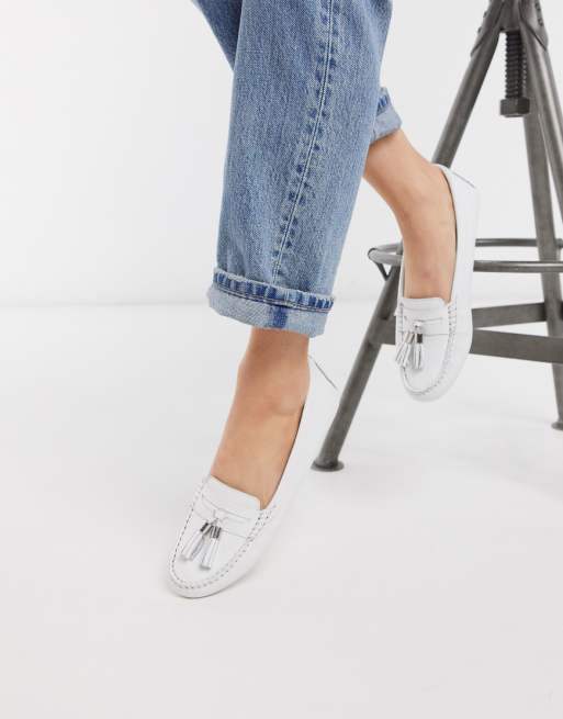 Dune gaze leather tassel loafer flat shoes in white | ASOS