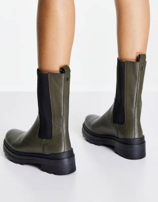 Dune - Hoge chelsea boots met dikke zool in kaki leer | ASOS