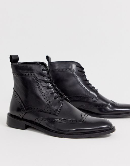 Dune lace up leather brogue boot in black | ASOS