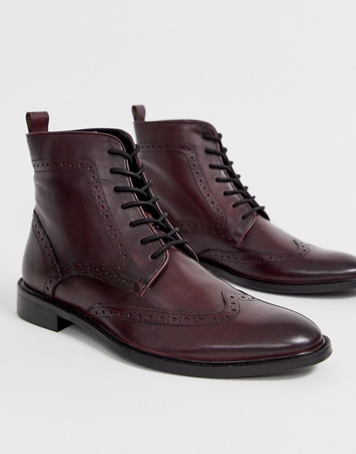 Dune lace up leather brogue boot in burgundy