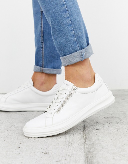 Dune leather chunky sneaker with side zip in white | ASOS