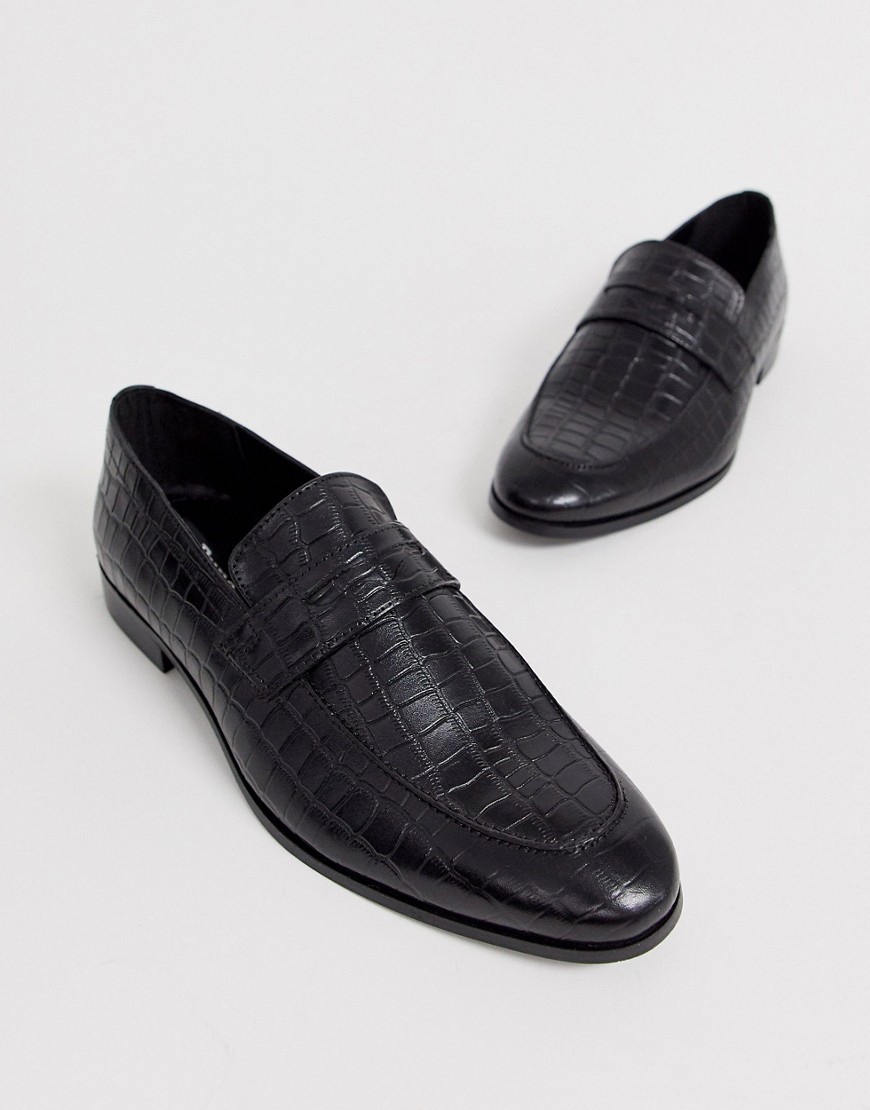 Dune leather faux croc penny loafer in black