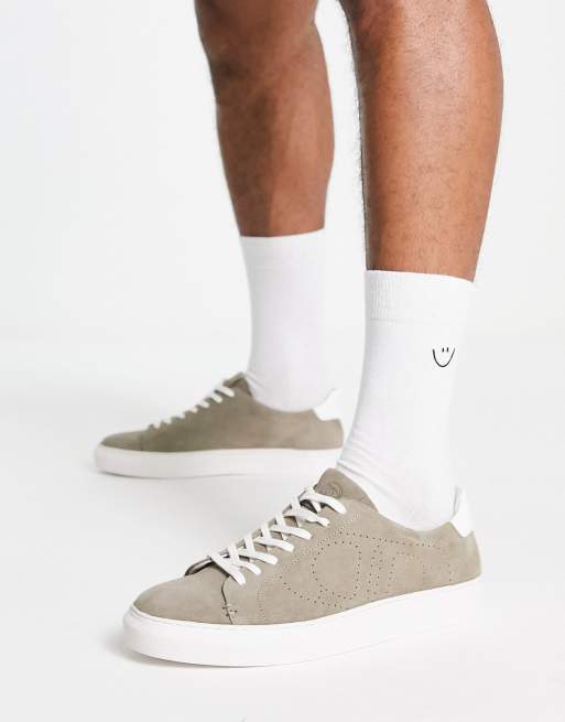 Dune – London – Brungrå/vita sneakers i läder - GRÅ