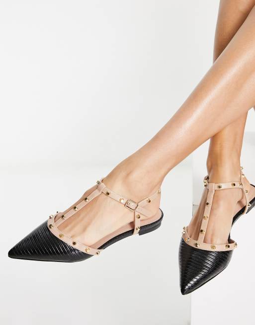 Dune London Cayote pointed flat shoes with stud detail in black leather |  ASOS