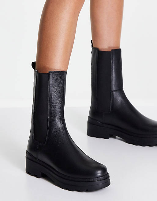 Dune London chunky sole high leg chelsea boots in black leather | ASOS