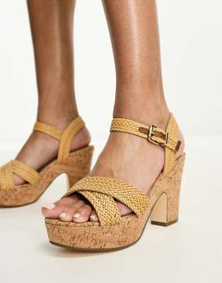 Dune London cross front heeled sandals in camel raffia-Neutral