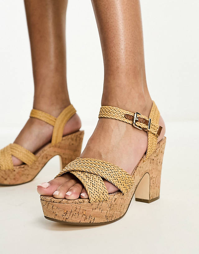 Dune - london cross front heeled sandals in camel raffia