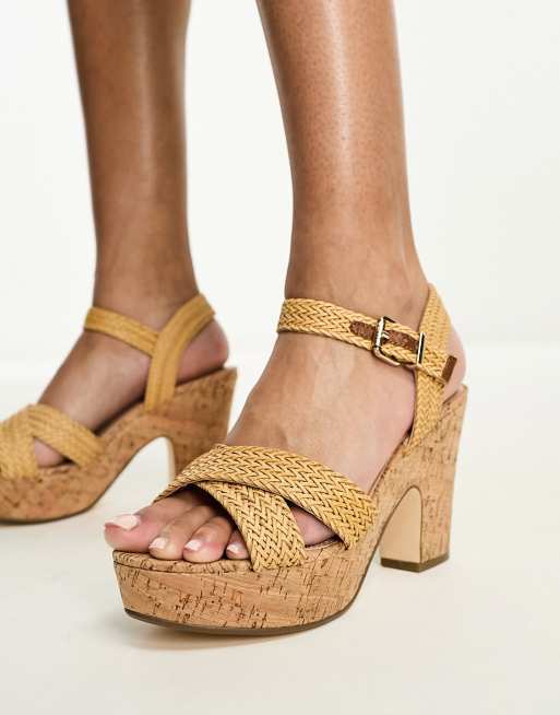 Dune London cross front heeled sandals in camel raffia