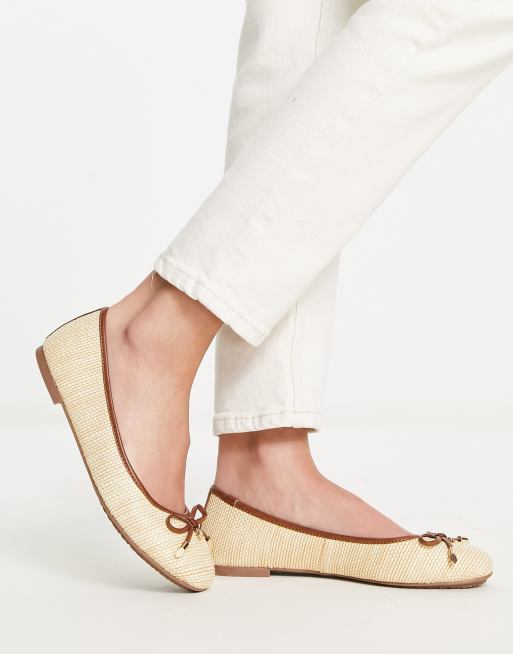 Dune London – Flache Ballerinas in beiger Bast-Optik